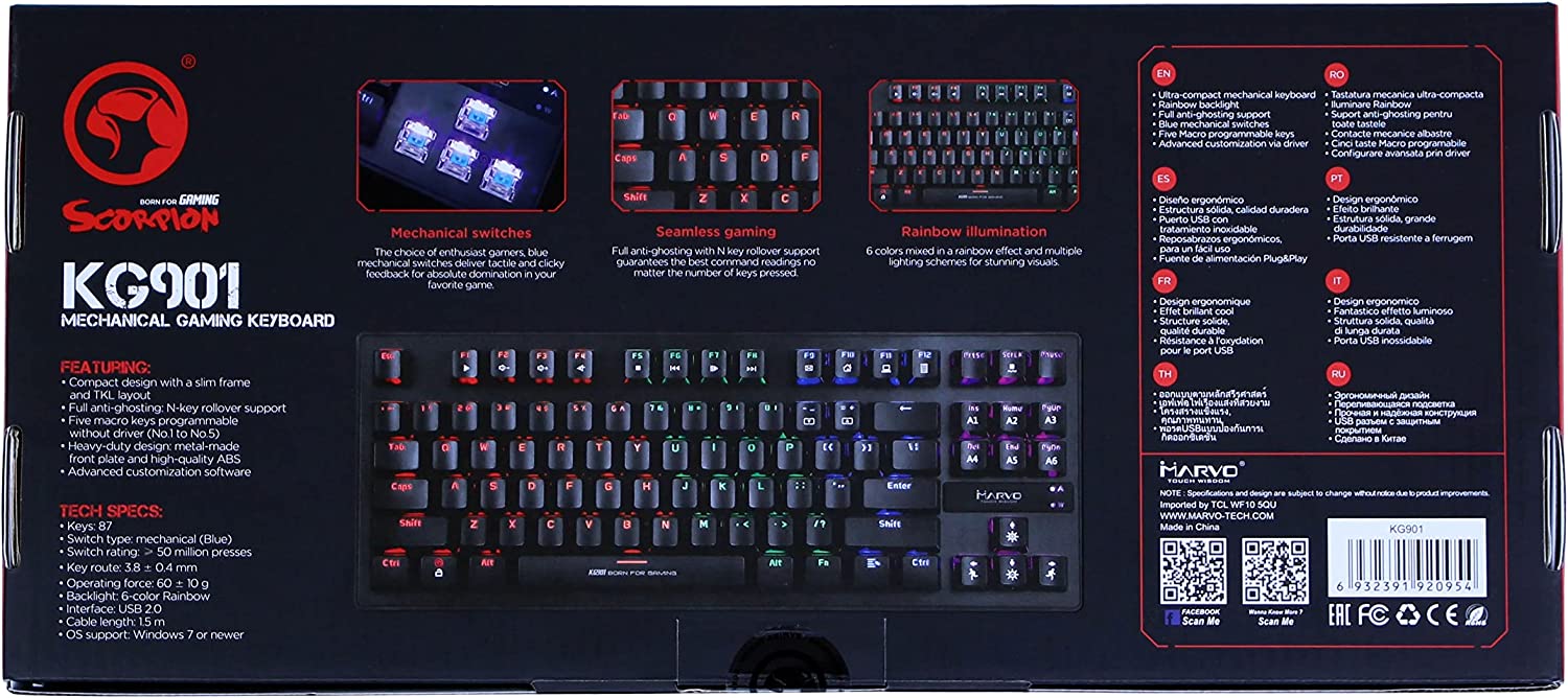 Scorpion KG901 Mechanical Gaming Keyboard with Blue Switches, Full Anti Ghosting with N Key Rollover, Slim Compact Frame, Backlight 6 Colour Rainbow