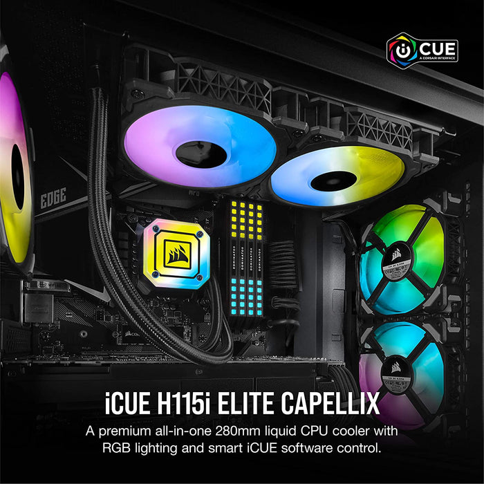 Corsair iCUE H115i ELITE CAPELLIX 280mm RGB Liquid CPU Cooler, 2 x 12cm ML140 RGB PWM Fans, Water Cooling
