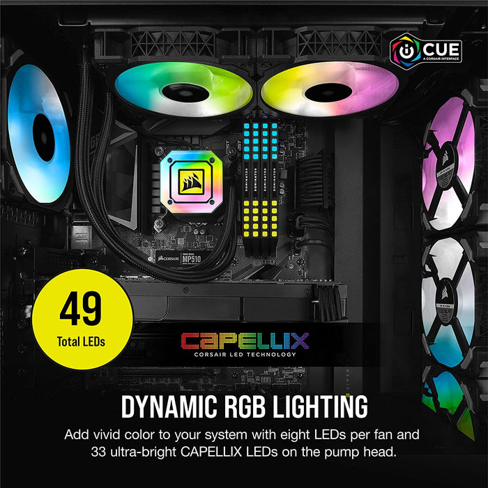 Corsair iCUE H100i ELITE Capellix Liquid CPU Cooler, 33 Ultra-Bright RGB LEDs, Two 120mm ML RGB Series PWM Fans, 400 to 2,400 RPM, CW-9060046-WW Black
