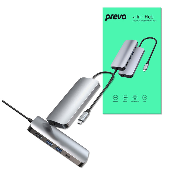 Prevo 501R USB Type-C 4-IN-1 Hub With GIGABIT Ethernet Port, Outputs USB Type-C, USB3.0, HDMI, RJ45 Ethernet