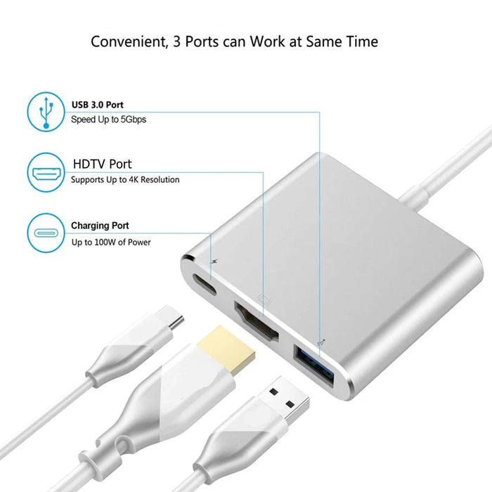 USB-C to Hub Adapter, Type-C (Male) to HDMI, USB, Type-C (Female) Adapter