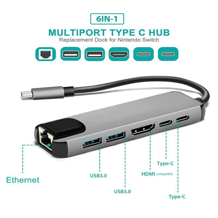 USB-C to 6-Port Hub (HDMI, RJ45 Ethernet, 2x USB, 2x Type-C), Type-C Hub