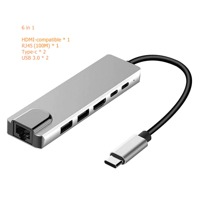 USB-C to 6-Port Hub (HDMI, RJ45 Ethernet, 2x USB, 2x Type-C), Type-C Hub