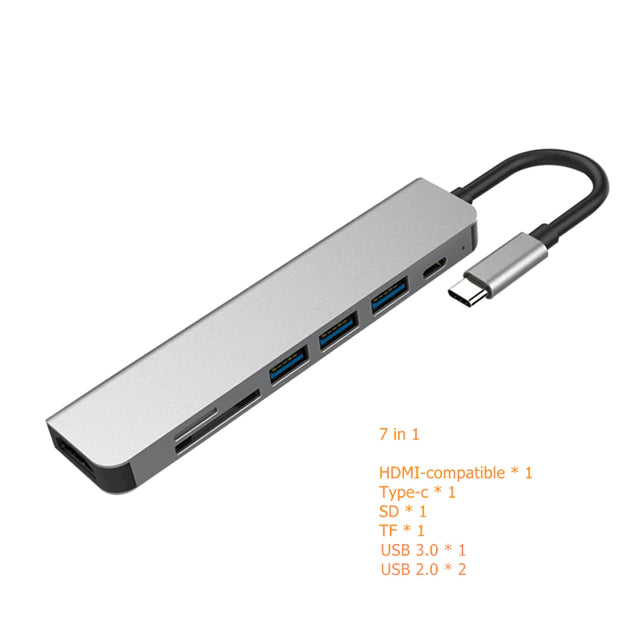 USB-C to 7-Port Hub (HDMI, 3x USB, Type-C, SD, TF) Adapter