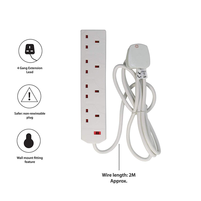 Pifco 4 Way UK 3Pin Plug 13A 250V Extension Lead with 2 Metre High-Quality Cable - Neon Power On Indicator - White