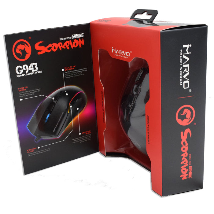Scorpion G943 RGB Gaming Mouse, Adjustable up to 5000dpi, 6 Programmable Buttons, Black