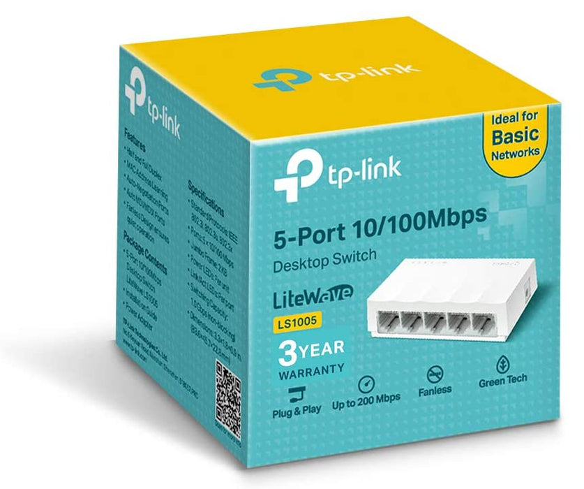 TP-LINK 5-Port Ethernet Switch 10/100Mbps Unmanaged Desktop LiteWave Switch, Plastic Case, LS1005