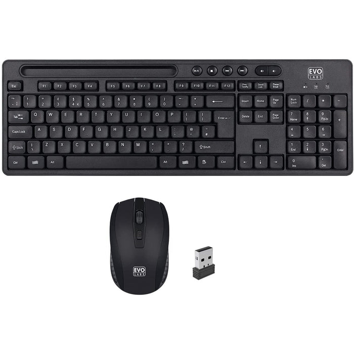 Evo Labs Wireless Keyboard and Mouse Set, Integrated Tablet/ Mobile/ Smartphone Stand, 2.4GHz, Black